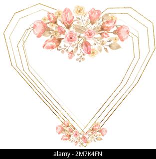 Illustration de fleurs de corail aquarelle et cadre de coeur doré, clipart de fleurs de pivoine rose pour la fête des mères, carte de mariage et de Saint Valentin, invitation Banque D'Images