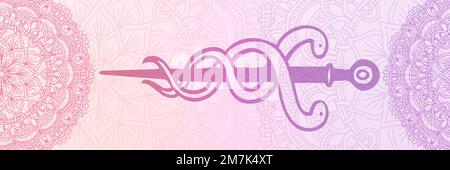 La tige d'Asclepius sur fond rose et avec des éléments graphiques de mandala Banque D'Images