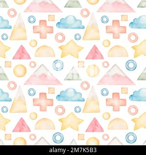 Motif aquarelle sans couture avec éléments délicats de formes abstraites pour les enfants. Papier pour bébé. Motif moderne pour enfants dessiné à la main. Banque D'Images