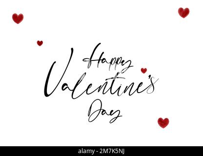 Joyeux Saint-Valentin texte calligraphique manuscrit sur fond blanc avec coeurs rouges Banque D'Images
