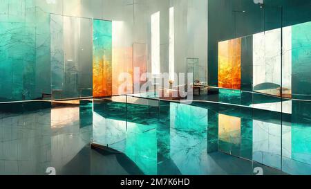 Magnifiques reflets et réfractions dans la salle de bain futuriste arc-en-ciel en verre, abstrait et moderne, délicat et élégant, spectaculaire et exquis Banque D'Images