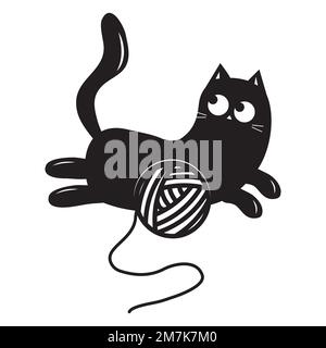 Chat mignon jouant avec une boule de fil, contour noir, illustration vectorielle dans le style doodle. Illustration de Vecteur