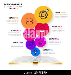 Modèle d'infographie avec icônes et 7 options ou étapes. Livre ouvert. Peut être utilisé pour la mise en page de flux de travail, le diagramme, la bannière, la conception Web. Illustration vectorielle Illustration de Vecteur