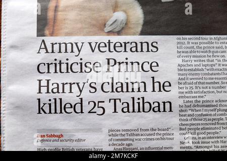 "Les anciens combattants de l'armée critiquent le prince Harry's prétendant qu'il a tué 25 talibans" journal du Guardian coupure de titre article 7 janvier 2023 Londres Royaume-Uni Banque D'Images