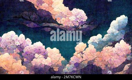 Vue sur la forêt, abstraite et saisissante, rétro et élégante, produite par le style Ukiyo-e japonais traditionnel et graphique de Katsushika Hokusai Banque D'Images