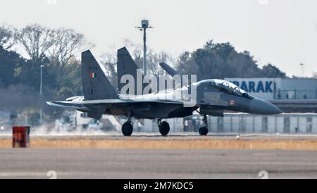 Omitama, Japon. 10th janvier 2023. Quatre forces aériennes indiennes su-30 MKI Flanker-H arrivent à la base aérienne d'Hyakuri dans la préfecture d'Ibaraki, au Japon, mardi, 10 janvier 2023. L'armée de l'air indienne su-30 MKI, l'avion de transport C-17 Globemaster et le ravitailleur aérien il-78 prendront part à l'exercice conjoint « Veer Guardian » de la Force aérienne japonaise d'autodéfense et de la Force aérienne de l'Inde sur 12 janvier à 26th au Japon. Photo par Keizo Mori/UPI crédit: UPI/Alay Live News Banque D'Images