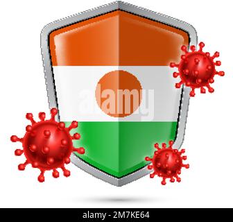 Drapeau du Niger sur l'icône de Metal Shiny Shield et les cellules du virus de la Corona rouge. Concept de l'insigne de santé et de sécurité. Étiquette de sécurité en métal avec Nige Illustration de Vecteur