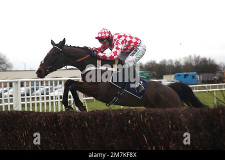 Bold Endeavour criblé par le jockey Nico de Boinville sur le chemin de gagner le Sky Bet novices Limited Handicap Chase pendant les courses de l'après-midi de Sky Bet à l'hippodrome de Doncaster. Date de la photo: Mardi 10 janvier 2023. Banque D'Images