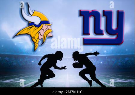 MINNESOTA, États-Unis, 10 JANVIER 2023 : New York Giants contre Minnesota Vikings. NFL Wild Card Round 2023, Silhouette of Two NFL American football Players aga Banque D'Images