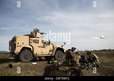 ÉTATS-UNIS Marines avec 1st Bataillon, 3D Marines, 3D Division marine tir un SYSTÈME DE MISSILES DE REMORQUAGE au Centre d'entraînement d'armes combinées, Camp Fuji, Japon, 10 mai 2022. Cet exercice a mis à l’épreuve et renforcé la capacité des Marines à mener des opérations distribuées, tout en démontrant leur volonté de sécuriser et de défendre rapidement les terrains clés afin de maintenir la sécurité régionale. 1/3 est déployé dans l'Indo-Pacifique sous 4th Marines dans le cadre du Programme de déploiement de l'unité. Banque D'Images