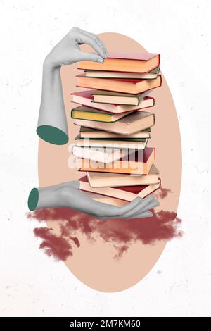 Collage 3D image de pinup pop rétro croquis des mains tenant la pile de livre isolé toile de fond Banque D'Images