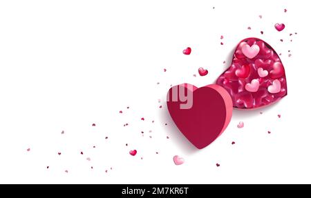 Boîte cadeau ouverte en forme de coeur rose avec coeurs sur fond blanc. Design pour la Saint-Valentin. Banque D'Images