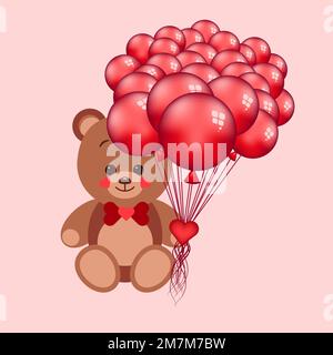 Peluche avec noeud papillon et boules rouges sur fond rose Illustration de Vecteur