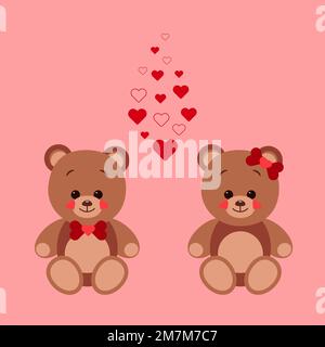 Deux ours en peluche en amour s'assoient entre de nombreux petits coeurs rouges. Le concept de la Saint-Valentin. Illustration vectorielle plate isolée sur fond rouge Illustration de Vecteur