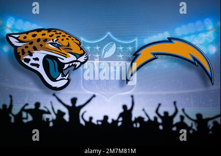 JACKSONVILLE, États-Unis, 10 JANVIER 2023 : Los Angeles Chargers contre Jacksonville Jaguars. NFL Wild Card Round 2023, Silhouette des fans qui soutiennent l'équipe A. Banque D'Images