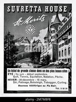 Publicité ancienne ou ancienne, publicité, publicité ou illustration pour l'hôtel historique Suvretta House Saint Moritz ou St. Moritz Suisse 1956 Banque D'Images