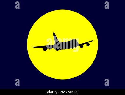 silhouette noire de l'avion contre le soleil jaune dans le ciel sombre Banque D'Images