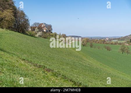 Europe, Allemagne, Sud de l'Allemagne, Bade-Wurtemberg, région de Schönbuch, Vue sur les prés de Schwärzlocher Hof et Unterjesingen en arrière-plan Banque D'Images