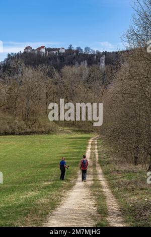 Europe, Allemagne, Sud de l'Allemagne, Bade-Wurtemberg, vallée du Danube, Sigmaringen, Beuron, randonneur sur un sentier de campagne avec le château de Wildenstein en arrière-plan Banque D'Images