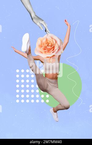 Illustration créative photo collage de jeunes actifs sportifs gymnastes sportswoman saut tête extensible rose rose légèreté pms isolé sur fond bleu Banque D'Images