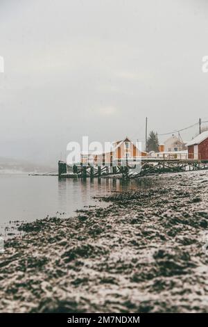 Maisons de rorbu rouge et jaune sur la côte, village de pêcheurs à Vesteralen, Norvège, chute de neige, hiver Banque D'Images