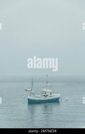 Bateau de pêche bleu dans le brouillard, bateau dans le fjord en Norvège, paysage de neige et de glace en Scandinavie, région côtière, bateau, mer Banque D'Images