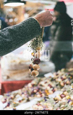 Situation des ventes au Zibelemärit traditionnel, marché de l'oignon à Berne, Suisse, gros plan, oignons comestibles (Allium cesp), vente d'une tresse d'oignon Banque D'Images