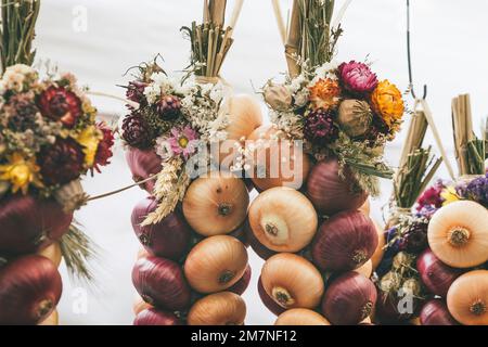 Zibelemärit traditionnel, marché aux oignons à Berne, Suisse, oignons comestibles (Allium cesp), gros plan, tresse aux oignons Banque D'Images