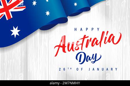 Lettre « Happy Australia Day » avec drapeau sur planche en bois. Typographie calligraphique de l'Australia Day pour les cartes de vœux ou les affiches. Illustration vectorielle Illustration de Vecteur