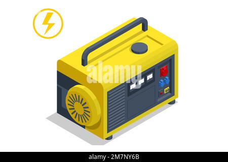 Petit générateur diesel mobile externe jaune isométrique pour l'alimentation électrique d'urgence. Générateur diesel Illustration de Vecteur