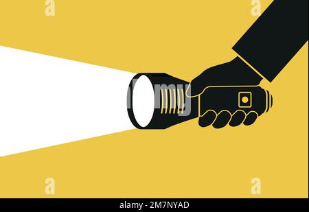 Illustration vectorielle. Lampe de poche plate et main. Arrière-plan du concept de recherche Web. spe 10 Illustration de Vecteur