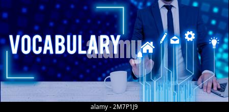 Écriture affichage du vocabulaire de texte. Mot écrit sur la collection de mots et de phrases par ordre alphabétique et expliqué ou défini Banque D'Images