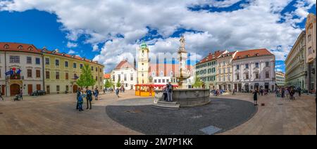 Bratislava, Slovaquie. Panorama de la vieille mairie et de la fontaine Maximilian sur la place principale Banque D'Images