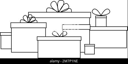 graphique noir et blanc dessin simple de boîtes-cadeaux de différentes tailles, élément isolé, décor Banque D'Images