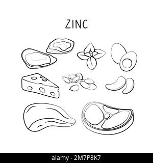 Aliments contenant du zinc. Groupes de produits sains contenant des vitamines et des minéraux. Ensemble de fruits, légumes, viandes, poissons et produits laitiers Illustration de Vecteur