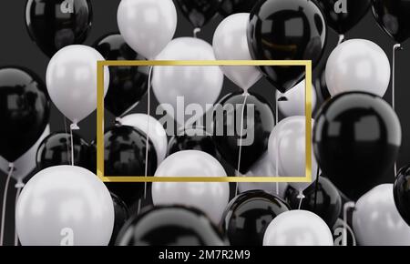 3D rendu réaliste modèle de cadre doré. Texte flottant avec arrière-plan des bulles d'air en noir et blanc. Modèle pour poster, prospectus, concept d'invitation. 3d Banque D'Images