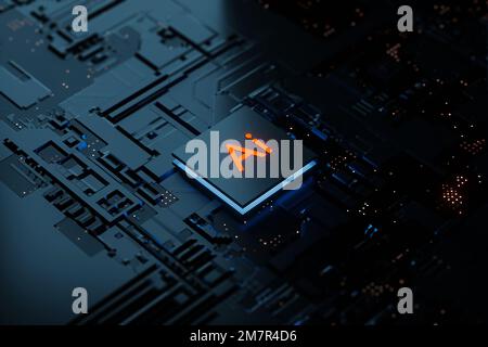 3D processeur de la technologie d'intelligence artificielle ai à rendu lumineux sur carte à circuits imprimés. Concept électronique et technologique. Banque D'Images