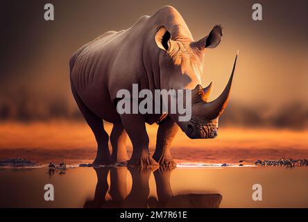 Rhino debout au coucher du soleil Banque D'Images