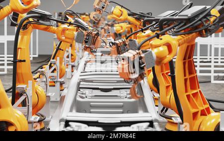 Ligne de production automobile utilisant des robots pour travailler dans des usines intelligentes. 3D Illustration Banque D'Images