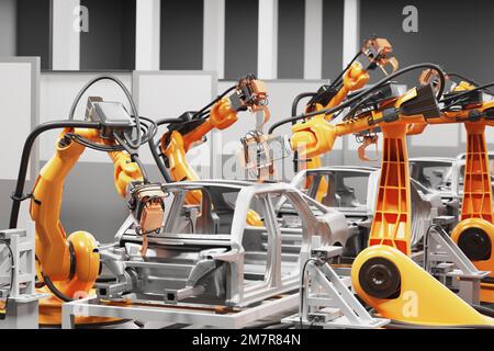 Ligne de production automobile utilisant des robots pour travailler dans des usines intelligentes. 3D Illustration Banque D'Images