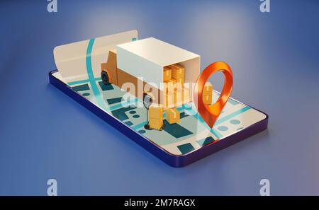 3D rendu smartphone et camion de livraison. Banque D'Images