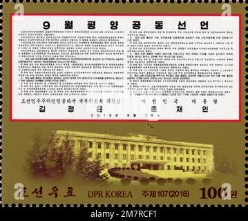 Timbre-poste nord-coréen de 2018 commémorant la déclaration commune de Pyongyang signée par Kim Jong un et Moon Jae-in lors du sommet intercoréen. Banque D'Images