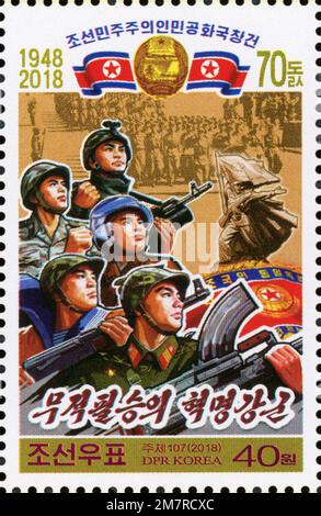 2018 Timbre de la Corée du Nord. Le 70th anniversaire de la République populaire démocratique de Corée. Le piquant révolutionnaire invincible Banque D'Images