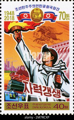 2018 Timbre de la Corée du Nord. Le 70th anniversaire de la République populaire démocratique de Corée. Autonomie Banque D'Images
