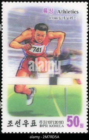 2018 Corée du Nord 3D ensemble de timbres. Sports. Athlétisme, course de haies Banque D'Images