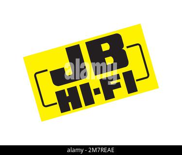 JB Hi-Fi, logo pivoté, arrière-plan blanc Banque D'Images