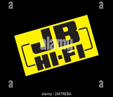 JB Hi-Fi, logo pivoté, arrière-plan noir Banque D'Images