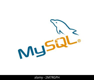 MySQL, logo pivoté, fond blanc Banque D'Images