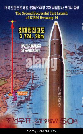 2017 Timbre de la Corée du Nord. Le deuxième lancement réussi de l'ICBM Hwasong-14. ICBM Hwasong-14 Banque D'Images