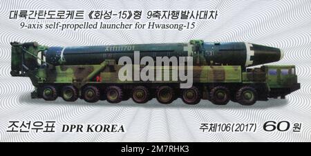 2017 Timbre de la Corée du Nord. Lancement réussi des tests de l'ICBM Hwasong-15 Banque D'Images